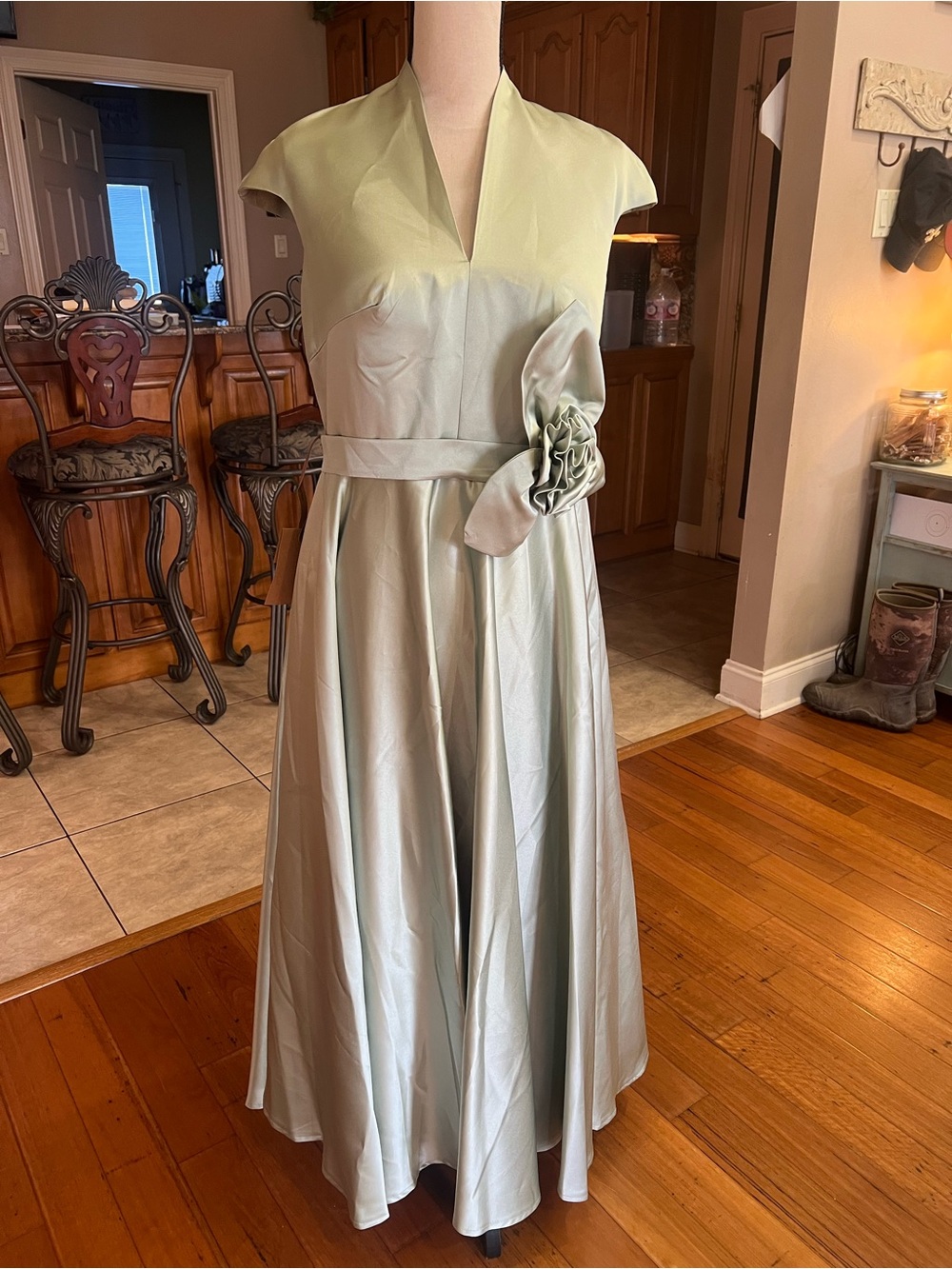 Sage Green Midi Dress with Rose Waist Detail - Picture 4 of 14